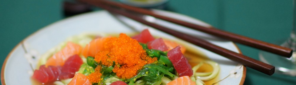 Tuna and Salmon Sashimi, Seaweed, and Cucumber Salad with Ponzu Sauce