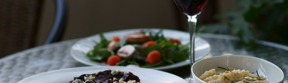 Ribeye Steaks with Red Wine Sauce, Blue Cheese, Pancetta, and Candied Pecans