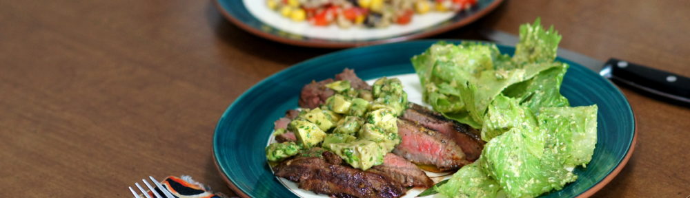 Churrasco Skirt Steak with Avocado-Chimichurri Sauce and Mexican Cesar Salad