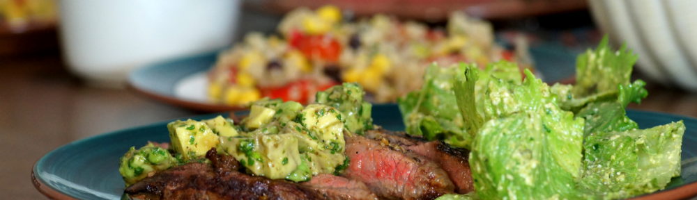 Churrasco with Avocado-Chimichurri Sauce and Mexican Cesar Salad